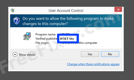 Screenshot where AT&T Inc appears as the verified publisher in the UAC dialog